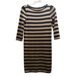 Lauren Ralph Lauren Size Small Gold Metallic & Navy Blue Striped Shift Dress